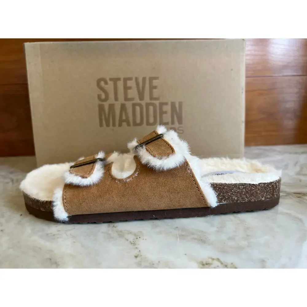 Steve Madden Kids tan Faux Fur Lined Cork Slides Slip Ons 4